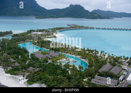 Aerial view of hotel complex with many bungalows, Bora Bora, Society Islands, French Polynesia, South Pacific, Oceania Stock Photo