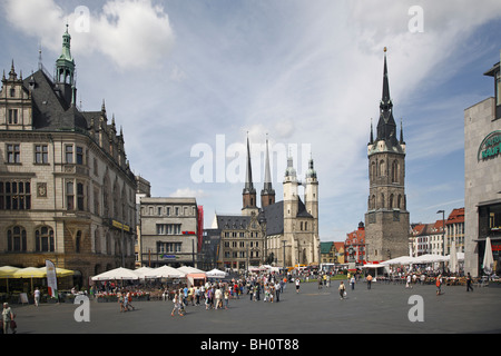 Halle Haendel Denkmal Memorial Marienkirche Roter Turm Red Tower Town Hall Rathaus Stock Photo