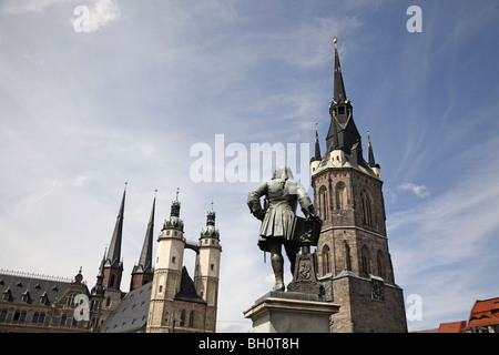 Halle Haendel Denkmal Memorial Marienkirche Roter Turm Red Tower Stock Photo