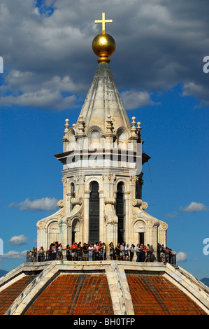 Cupola with golden cross, tourists on the viewing platform, Florence, Tuscany, Italy, Europe Stock Photo