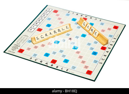 Scrabble board game with scrabble game spelled out Stock Photo