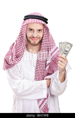 Arabic man holding US dollars, isolated on white background Stock Photo