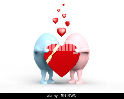 3D illustration of a cute couple of egghead characters in love holding a red valentine. Isolated on white background. Stock Photo