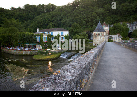 Jardin des Moines in the evening light, Bridge over the river Dronne, The Way of St. James, Roads to Santiago, Chemins de Saint- Stock Photo