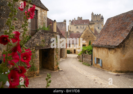 Beynac at Dordogne, Castle in the background, The Way of St. James, Roads to Santiago, Chemins de Saint-Jacques, Via Lemovicensi Stock Photo