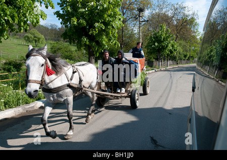 Local Roma Gypsys on horse and cart in Romania Eastern Europe Stock Photo