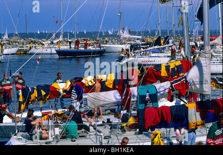 People on boats in the sunlight, marina during Kiel week, Kiel, Schleswig Holstein, Germany, Europe Stock Photo