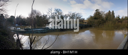 Panorama of flooded River Arun at Stopham Bridge near Pulborough, West Sussex, UK Stock Photo