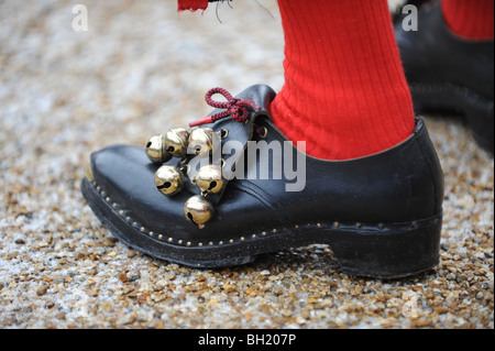 Dancing clogs The Ironmen and Severn Gilders morris dancers performing on the Ironbridge on New Years Day Stock Photo