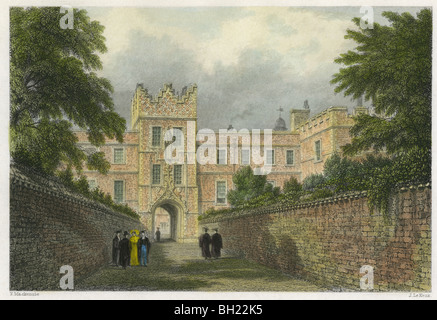 Dated 1842 hand-colored engraving of the entrance gateway Jesus College, Cambridge, England, UK. Stock Photo