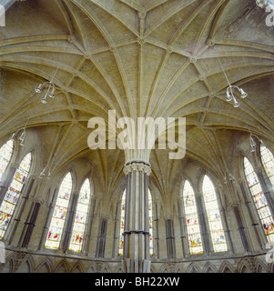 Lincoln Cathedral UK - the Chapter House ceiling and its central column support Stock Photo