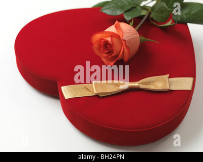 Red heart-shaped gift box and a pink rose Stock Photo