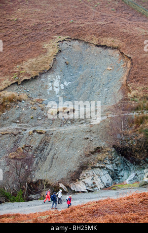 A landslide in the Copper Mines Valley< Coniston caused by super saturated ground during the 2009 floods Stock Photo