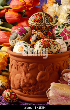 Easter eggs in flower pot Stock Photo