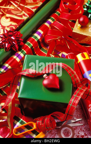 Christmas wrap paper and ribbon Stock Photo