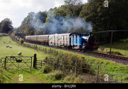 steam train on the lakeside and haverthwaite railway at kelby bridge, cumbria, england Stock Photo