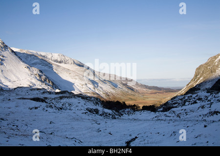 Ogwen Valley Conwy North Wales January Looking down Nant Ffrancon on a snowy winters day Stock Photo