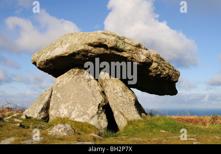 the megalithic burial tomb ' chun quoit ' at morvah near pendeen in cornwall, uk