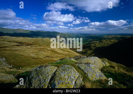 A view in summer in the Lake District National Park looking towards Helm Crag and Grasmere Village from Grasmere Common Stock Photo