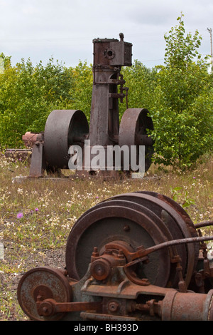 Mining equipment Quincy Mine Hancock Upper Peninsula Michigan MI in USA US the rusty machines in foreground close up from above vertical hi-res Stock Photo