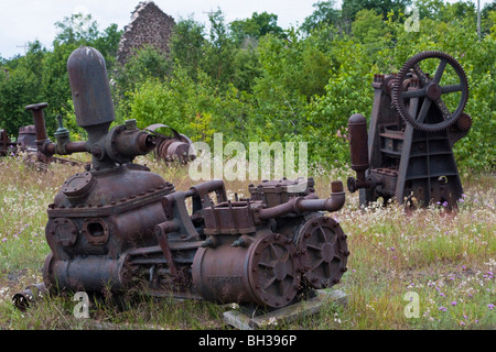 Mining equipment Quincy Mine Hancock Upper Peninsula Michigan MI in USA US the rusty machines in foreground close up pictures images horizontal hi-res Stock Photo