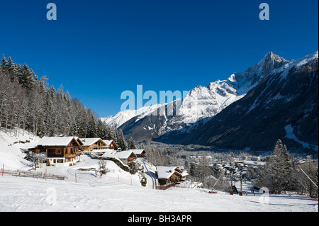 View over the resort from the nursery slopes by Le Brevent lift, Chamonix Mont Blanc, Haute Savoie, France Stock Photo