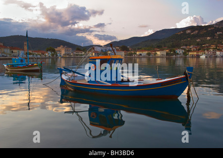 Greek fishing boats moored in the harbour at Vathi on the island of Ithica Stock Photo