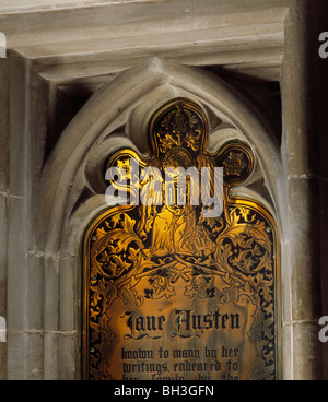 Winchester Cathedral, Hampshire, England. Memorial to Jane Austen, in the nave. The brass plaque commemorates her writings. Stock Photo