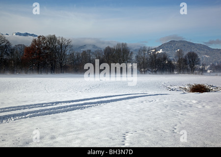 misty early morning winter scenery near Lenggries Bavaria Germany Europe Stock Photo