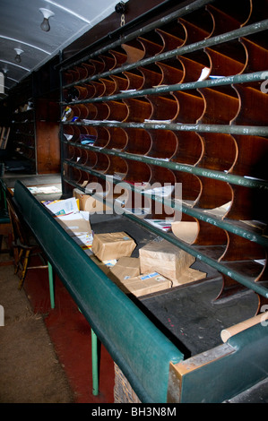 inside view of a traveling post office train carriage