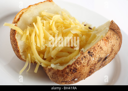 A baked russet potato stuffed with grated cheddar cheese, on a white plate Stock Photo