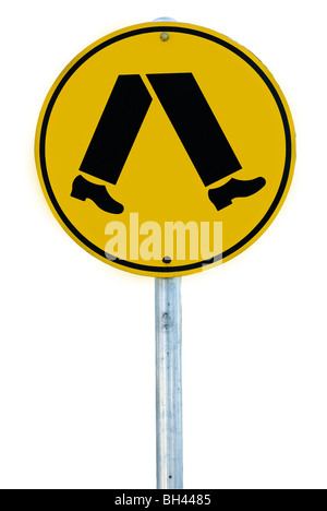 A pedestrian crossing sign consisting of a pair of legs in a circle isolated on white. Stock Photo