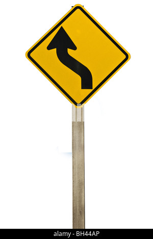 A road sign indicating a bend in the road. Isolated on white. Stock Photo