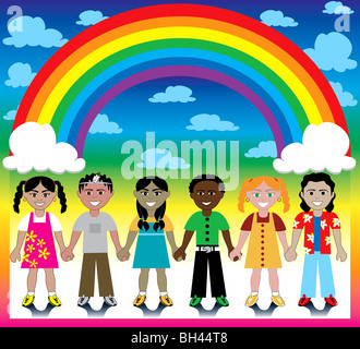 Vector Illustration of 6 happy kids under a rainbow with a colorful backgound and a place for text or imagery. Stock Photo