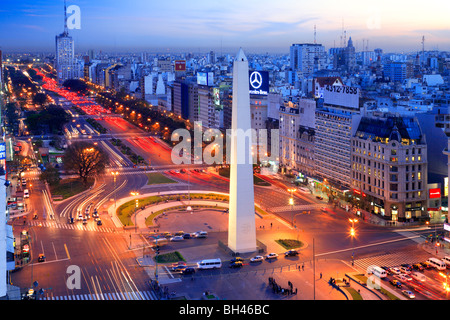 9 de Julio Ave. aerial view, and Obelisk (obelisco) and car lights ...