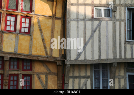 Half-timbered houses in Troyes keeping each other in upright position. Stock Photo