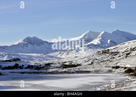 Llynnau Mymbyr frozen lakes & Snowdon mountain range in the distance with snow in winter January 2010 Stock Photo