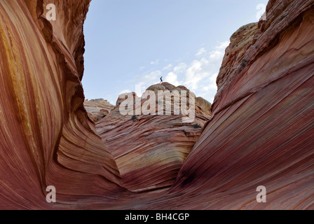 A young man walks on top of The Wave located in Vermillion Cliffs, Utah. Stock Photo