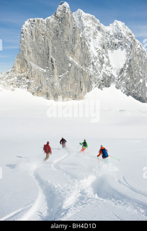 A group of backcountry skiers cross tracks in the Selkirk Mountains, Canada. Stock Photo