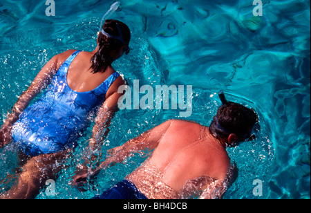 Two snorkelers float in clear waters in the Cayman Islands. Stock Photo