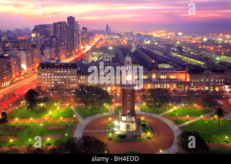 Aerial view of 'Torre Monumental' (Monumental tower) and Retiro neighborhood, at dusk. Buenos Aires, Argentina, south america Stock Photo