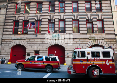 New York Fire Department station with fire trucks and fire engine, Manhattan, New York City, New York Stock Photo