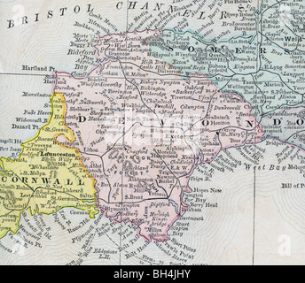 Old map of Devon County from original geography textbook, 1884 Stock Photo