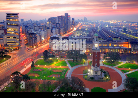 Aerial view of 'Torre Monumental' (Monumental tower) and Retiro neighborhood, at dusk. Buenos Aires, Argentina, south america Stock Photo