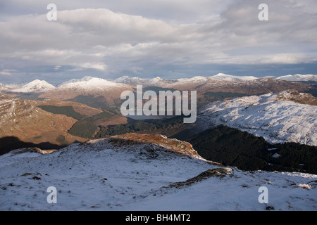 The Arrochar Alps, Beinn Donich and Bein Brack with Loch Goil in the distance from Beinn Bhula Stock Photo