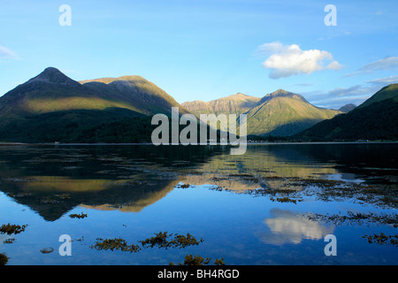 Pap of Glencoe and Aonach dubh a ghlinne ridge reflected in the evening light on the waters of Loch Leven. Stock Photo
