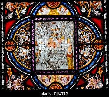 A Stained glass window depicting the Judgement of Solomon, All Saint's Church, Chadshunt, Warwickshire Stock Photo