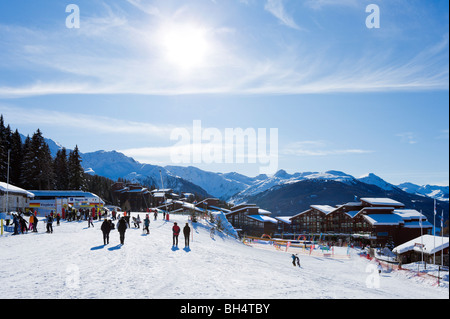 Bottom of the slopes in the resort centre, Arc 1800, Les Arcs, Tarentaise, Savoie, France Stock Photo