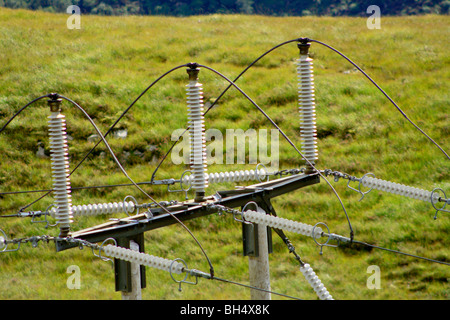 Close-up of high voltage power cables and insulators on a pylon. Stock Photo