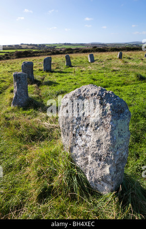 The Merry Maidens, a neolithic stone circle of 19 granite megaliths, SE of St Buryan, Cornwall Stock Photo